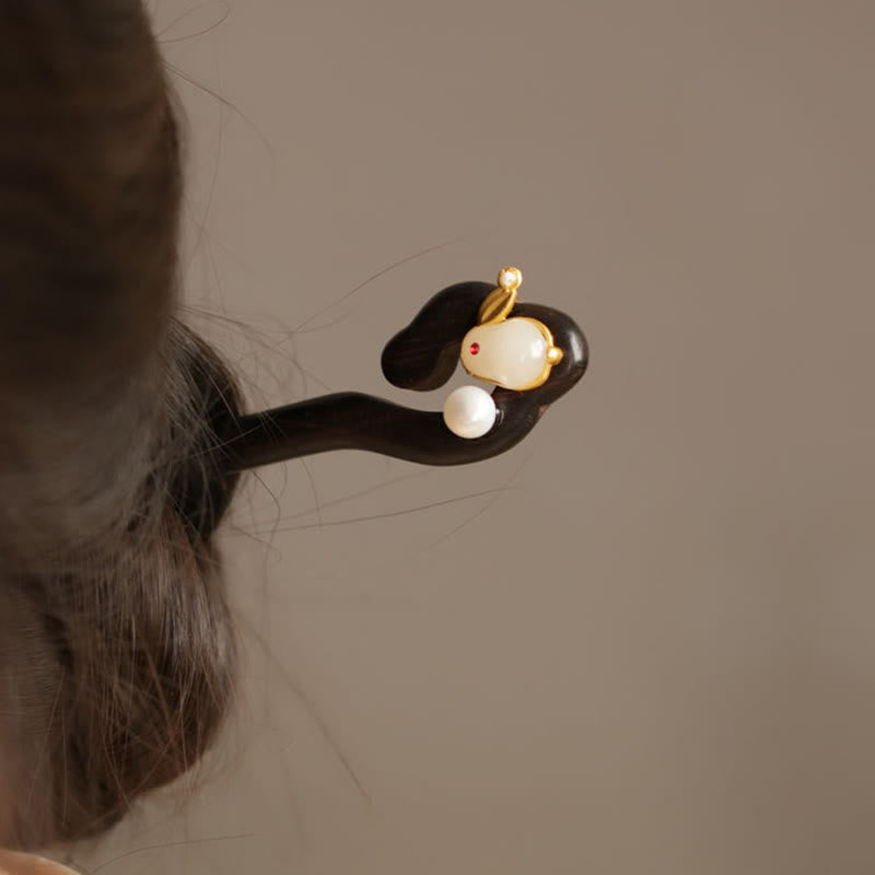 Épingle à cheveux lapin en bois de santal | Épingle à cheveux chinoise nuage de bon augure