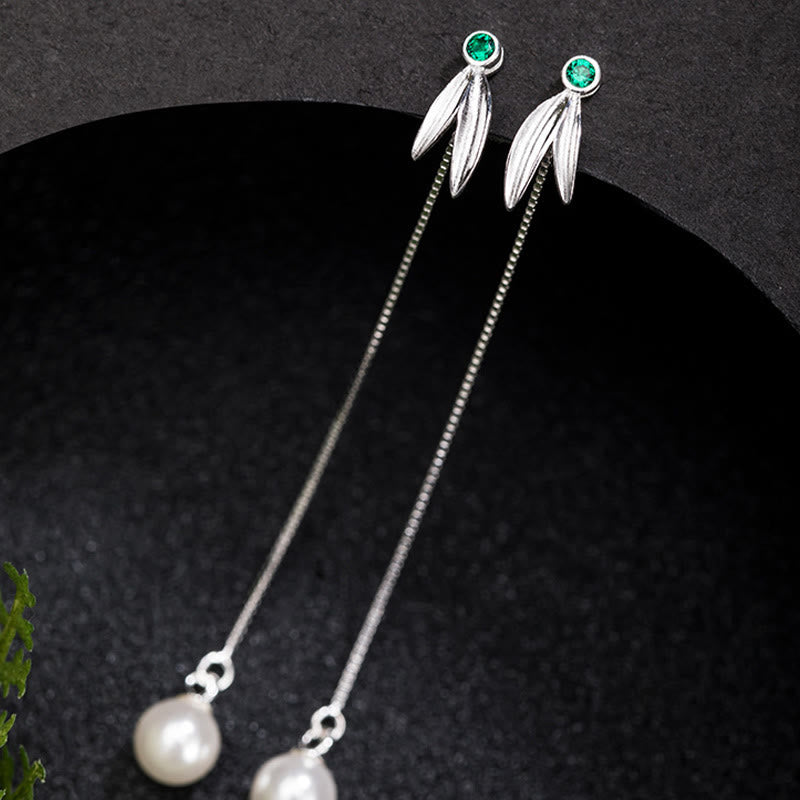 925 Sterling Silver Pearl Bamboo Leaves Protection Drop Earrings