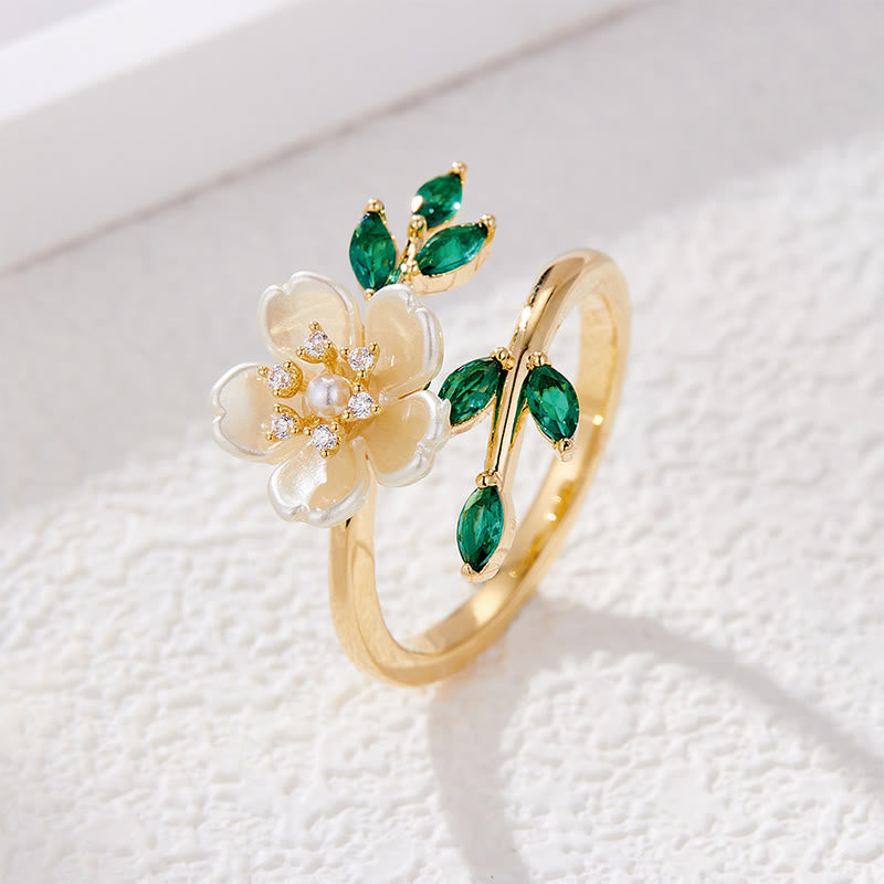 Adjustable Pearl Flower Zircon Copper Ring for Happiness & Wealth
