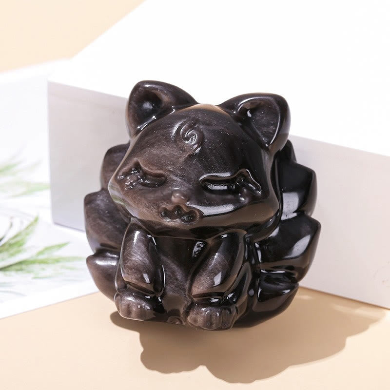 Silver Sheen Obsidian Nine Tailed Fox Figurine 7cm Protection