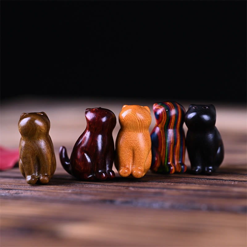 Mini chat porte-bonheur en bois de santal rouge à petites feuilles, 3,2 cm, décoration