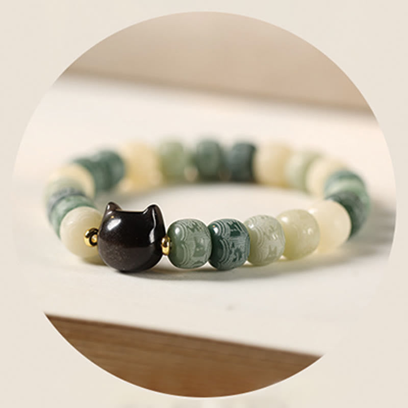 Bracelet de sagesse en graines de Bodhi et tête de chat en obsidienne