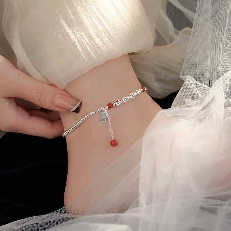 Bracelet de cheville Peace en agate rouge 6 mm et argent