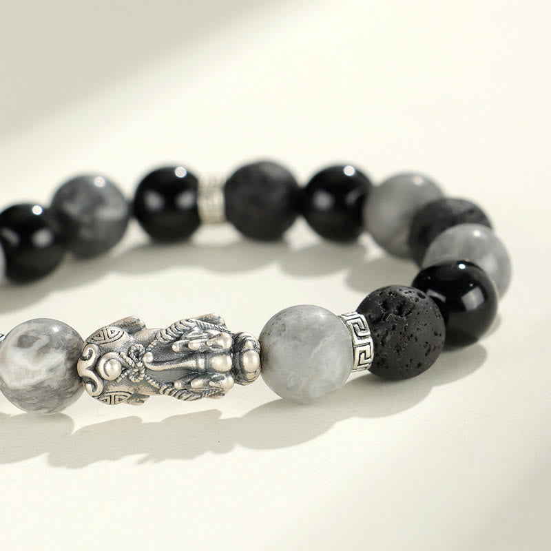 Bracelet Pixiu en onyx noir et jaspe gris en pierre de lave