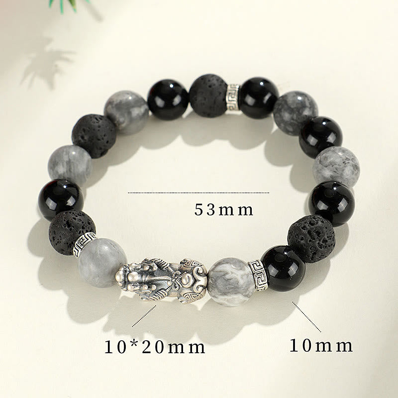 Bracelet Pixiu en onyx noir et jaspe gris en pierre de lave