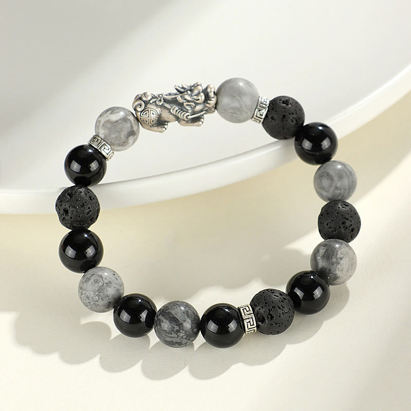 Bracelet Pixiu en onyx noir et jaspe gris en pierre de lave