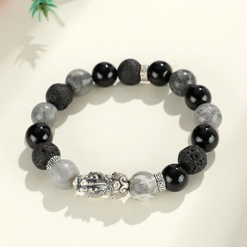 Bracelet Pixiu en onyx noir et jaspe gris en pierre de lave