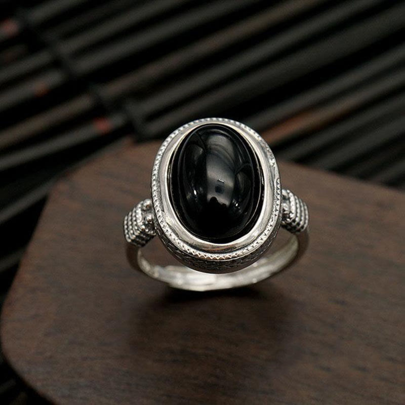 Bague de protection spirituelle réglable en onyx noir pour la force et la fortune