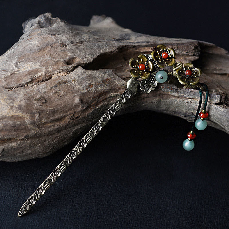 Épingle à cheveux apaisante en aventurine verte et agate rouge 16 cm