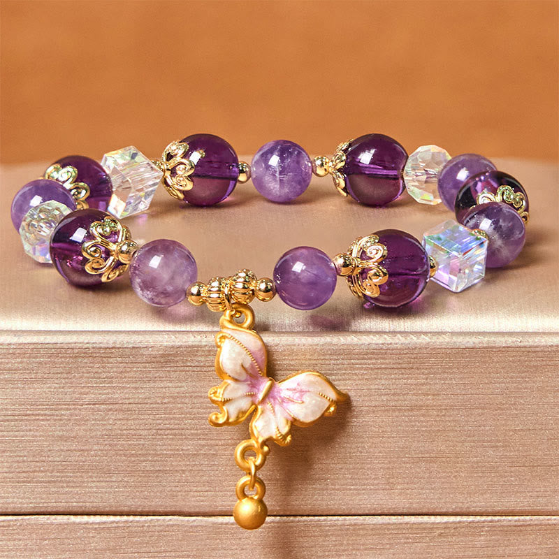 Bracelet Papillon de la Paix en Améthyste et Pierre de Soleil 8 mm