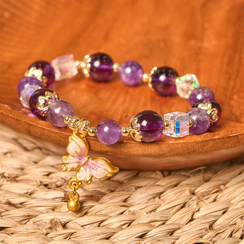 Bracelet Papillon de la Paix en Améthyste et Pierre de Soleil 8 mm