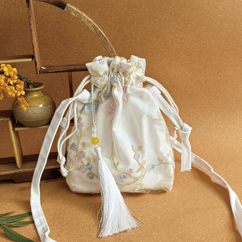 Sac bandoulière en toile brodée de fleurs de cerisier 15 x 22 cm