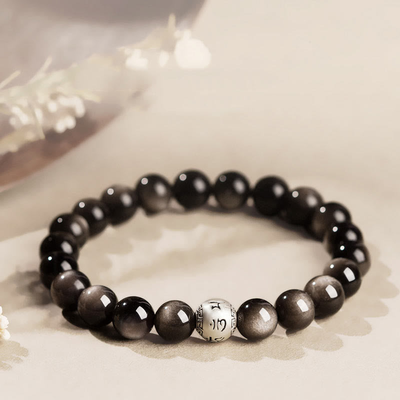 8mm Silver Sheen Obsidian Om Mani Padme Hum Bracelet
