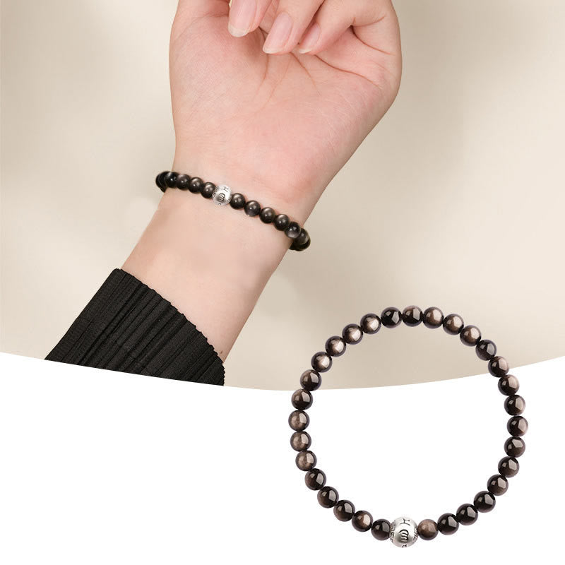 8mm Silver Sheen Obsidian Om Mani Padme Hum Bracelet