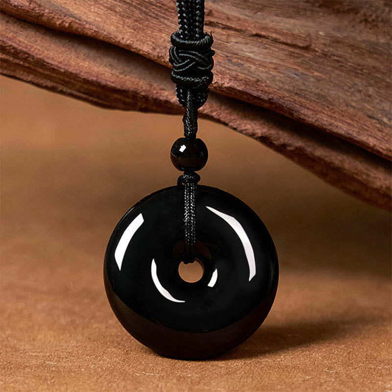 Black Obsidian Peace Buckle Pendant Necklace 50cm Rope