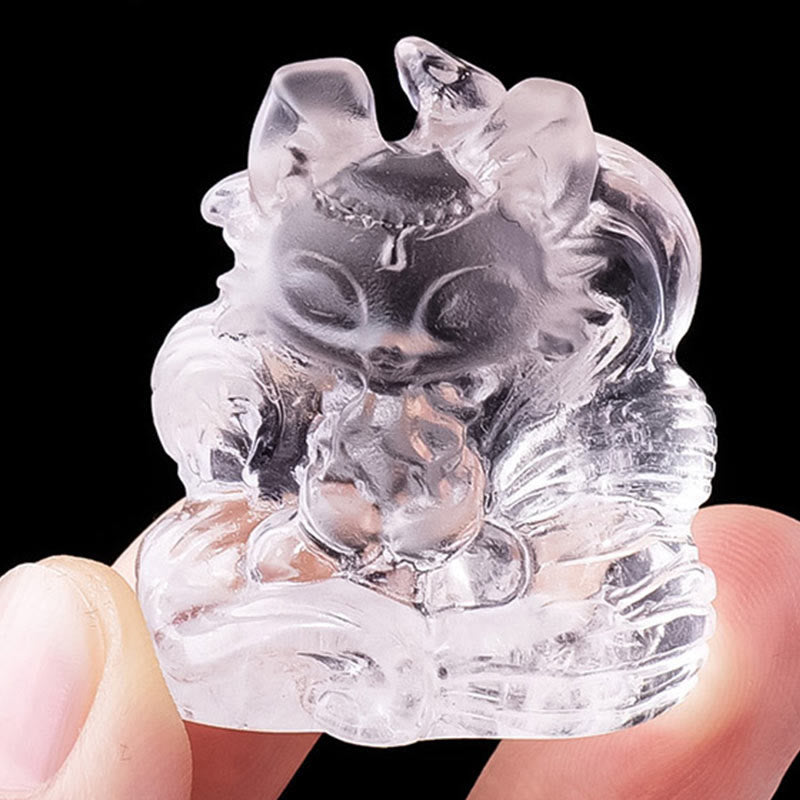 Renard à neuf queues en cristal blanc sculpté, 3 x 3,8 cm