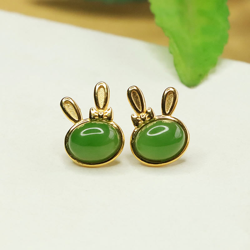 Sterling Silver Hetian Cyan Jade Rabbit Stud Earrings