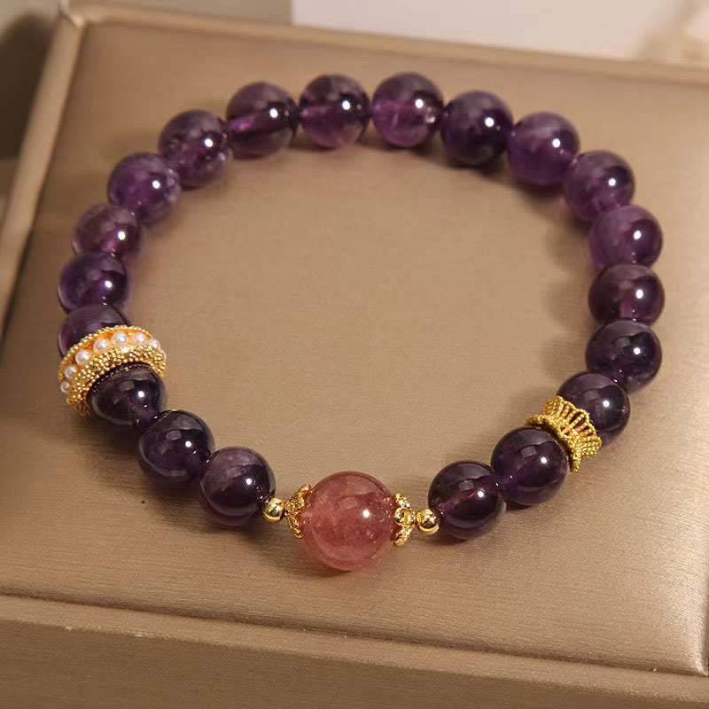Bracelet en améthyste et quartz fraise 8 mm pour femme