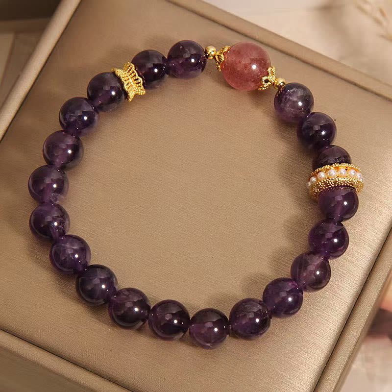 Bracelet en améthyste et quartz fraise 8 mm pour femme