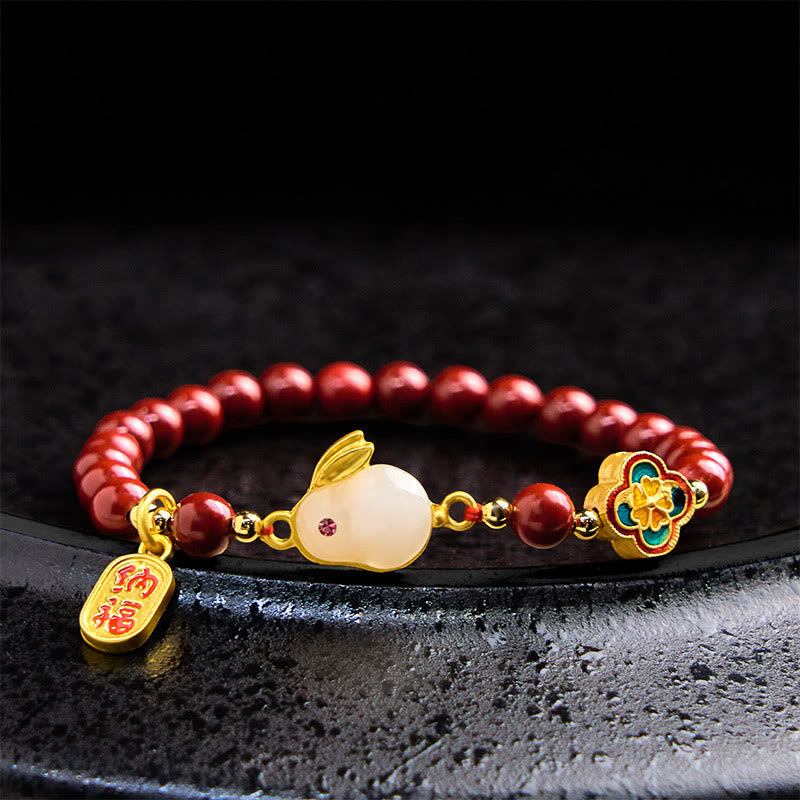 Bracelet de perles de lotus en cinabre de 6 mm avec personnage Fu
