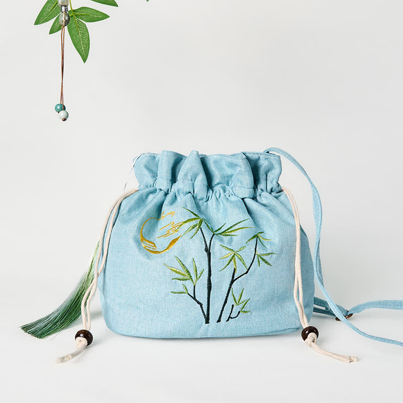 Sac bandoulière en bambou vert, coton et lin avec broderie