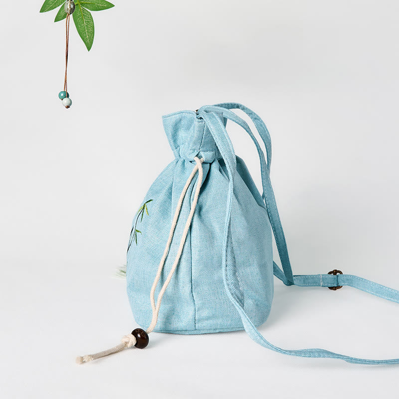 Sac bandoulière en bambou vert, coton et lin avec broderie