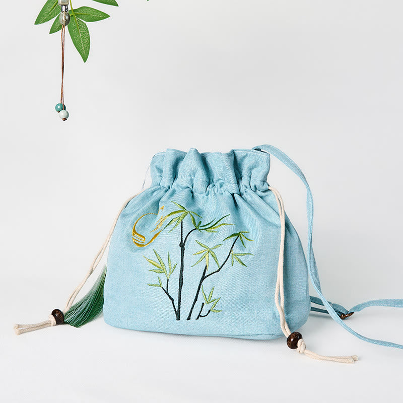 Sac bandoulière en bambou vert, coton et lin avec broderie