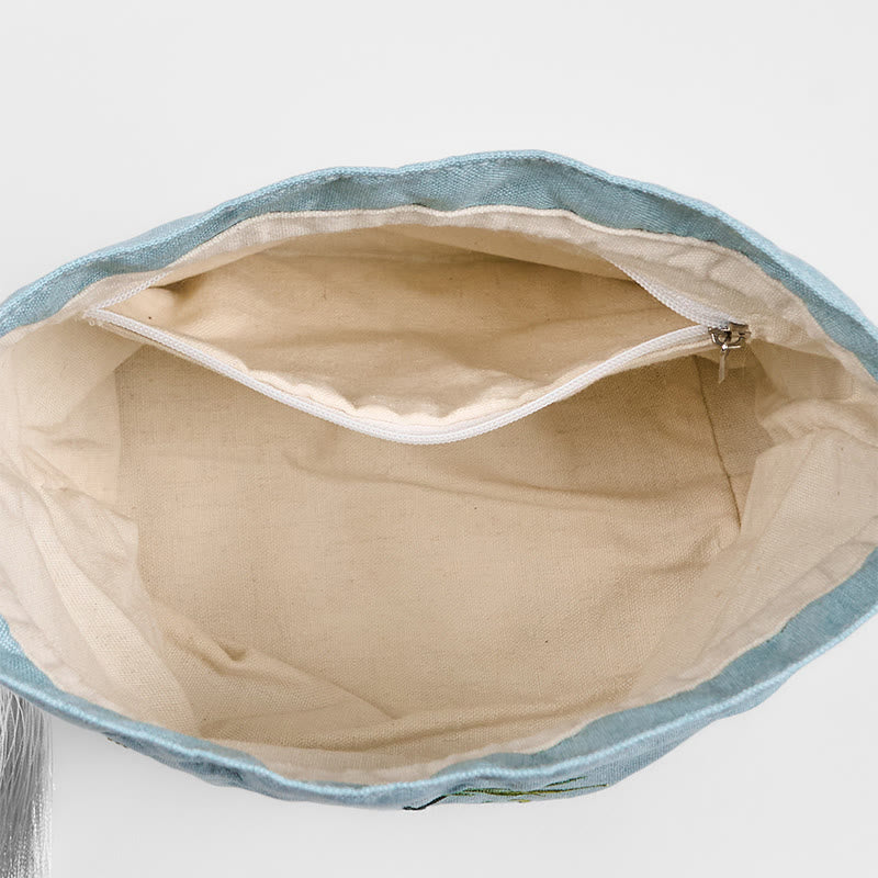 Sac bandoulière en bambou vert, coton et lin avec broderie