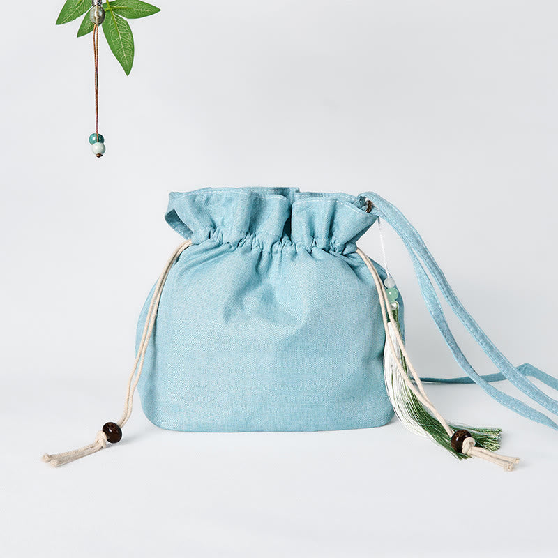 Sac bandoulière en bambou vert, coton et lin avec broderie