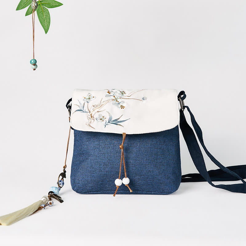 Dark Blue Plum Embroidered Spiritual Accessories Canvas Backpack