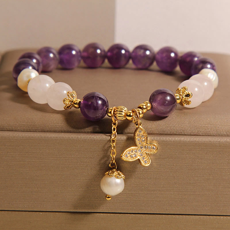Amethyst Pearl Crystal Spiritual Butterfly Charm Bracelet