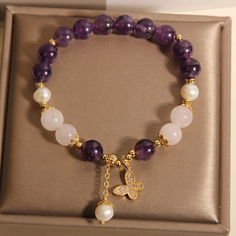 Amethyst Pearl Crystal Spiritual Butterfly Charm Bracelet