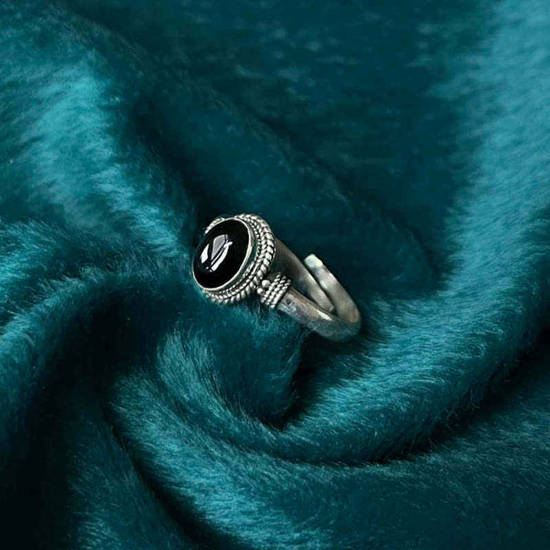 Bague spirituelle réglable en argent sterling 925 avec onyx noir