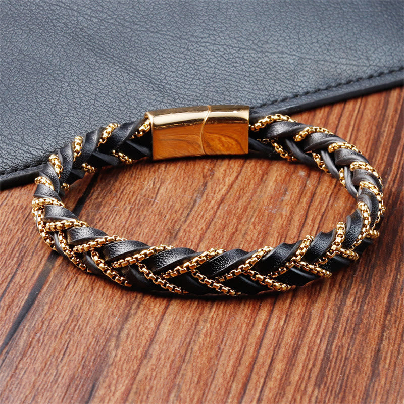 Titanium Steel Calm Spiritual Bracelet with Braided Leather