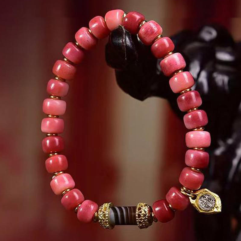 Bracelet porte-bonheur tibétain unisexe en os de chameau et agate rouge