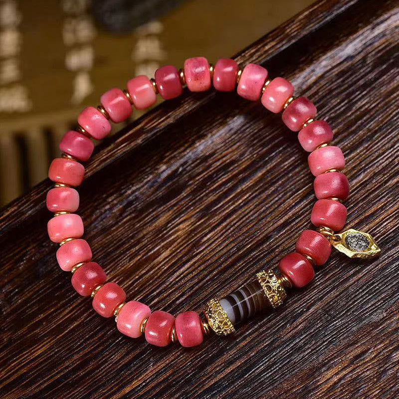 Bracelet porte-bonheur tibétain unisexe en os de chameau et agate rouge