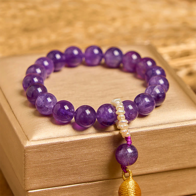 Amethyst Bracelet for Meditation with Pearl Tassels
