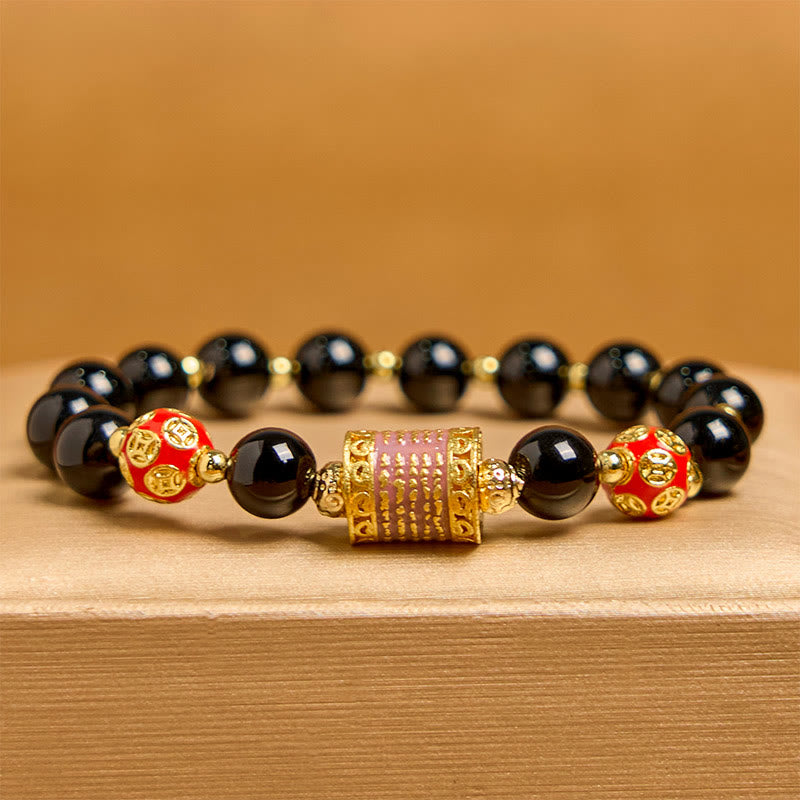 8mm Black Onyx Fortune Bracelet with Copper Coins