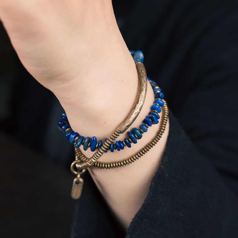 Bracelet d'équilibre en lazurite avec triple tour de cuivre pour la guérison des chakras