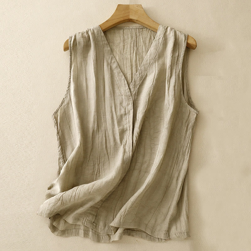 Débardeur col V en coton et lin | Haut de yoga décontracté pour femme