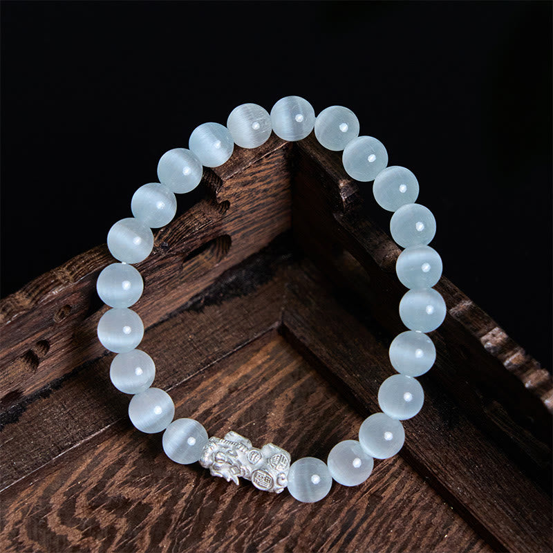 8mm White Cat's Eye Pixiu Bracelet for Luck & Protection