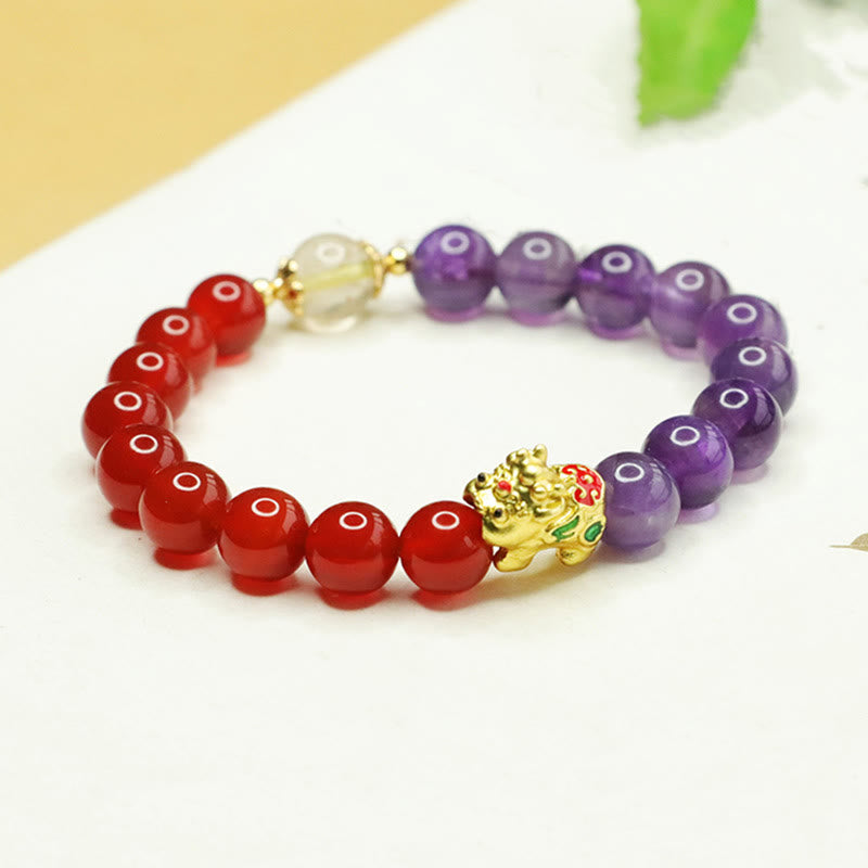 Amethyst & Red Agate Pixiu Bracelet for Balance & Luck