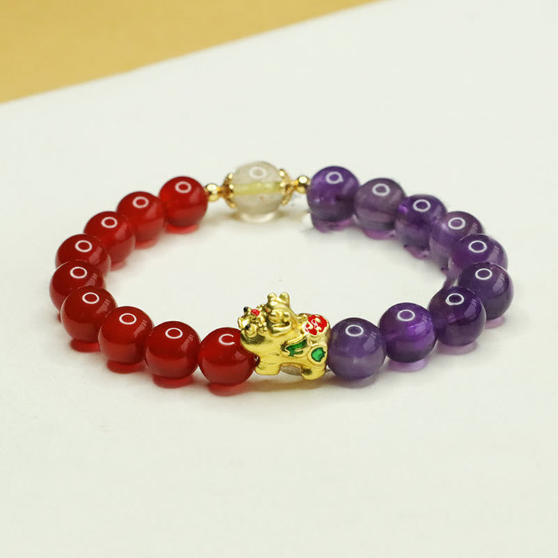 Amethyst & Red Agate Pixiu Bracelet for Balance & Luck