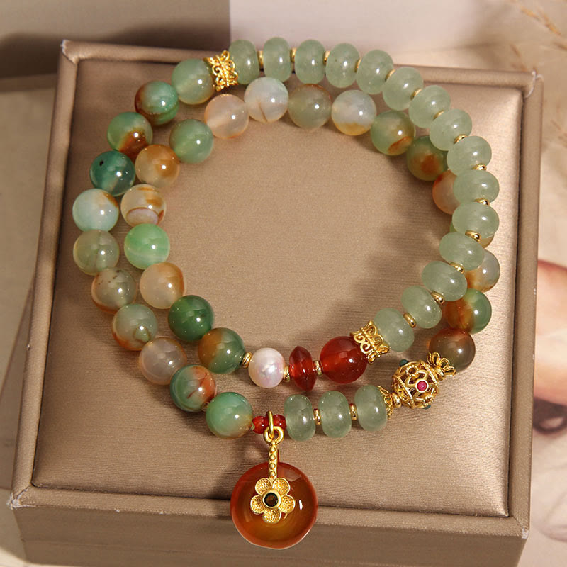 Bracelet double couche avec boucle de paix en agate paon de 8 mm