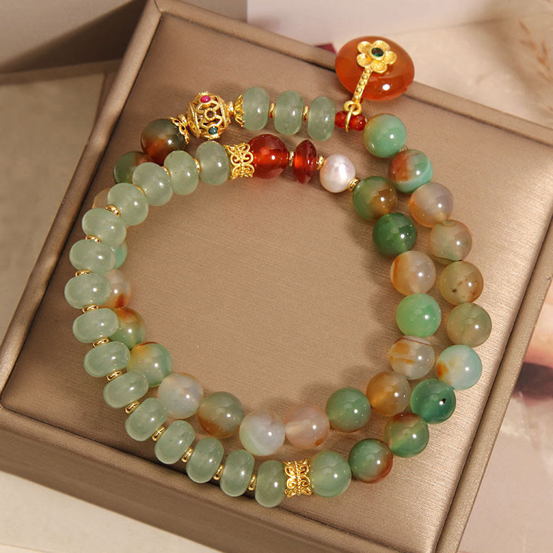 Bracelet double couche avec boucle de paix en agate paon de 8 mm