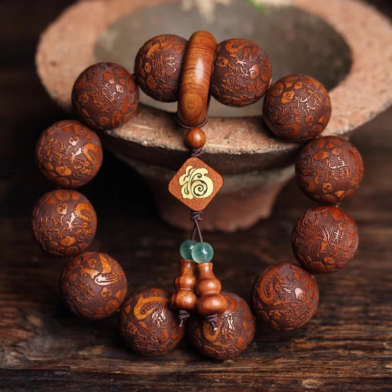 Dragon Bracelet with Rosewood Beads and Fu Character Gourd for Warmth