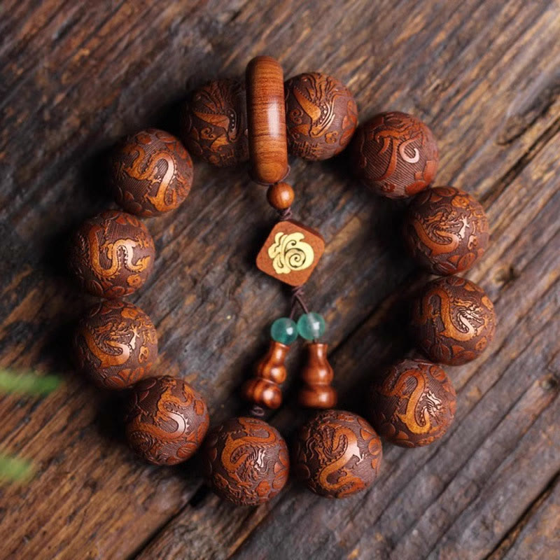 Dragon Bracelet with Rosewood Beads and Fu Character Gourd for Warmth