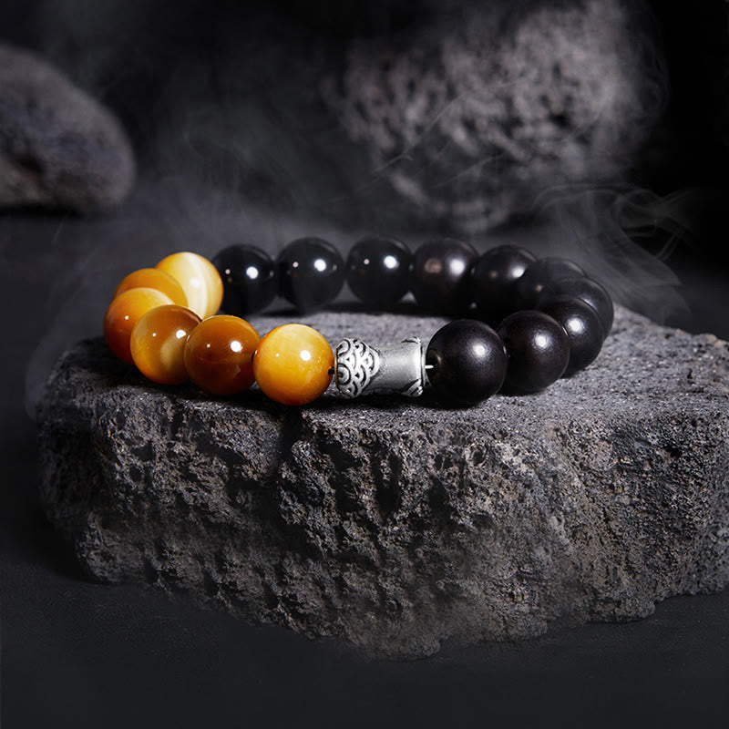 Bracelet œil de tigre | Perles d'obsidienne noire ébène de 12 mm