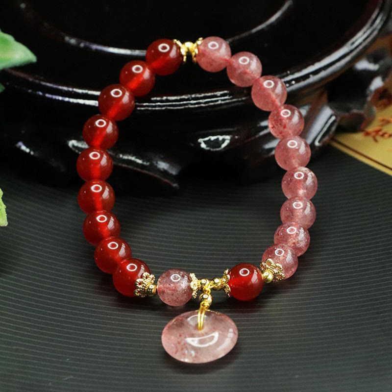 Strawberry Quartz & Red Agate Peace Buckle Bracelet 8mm