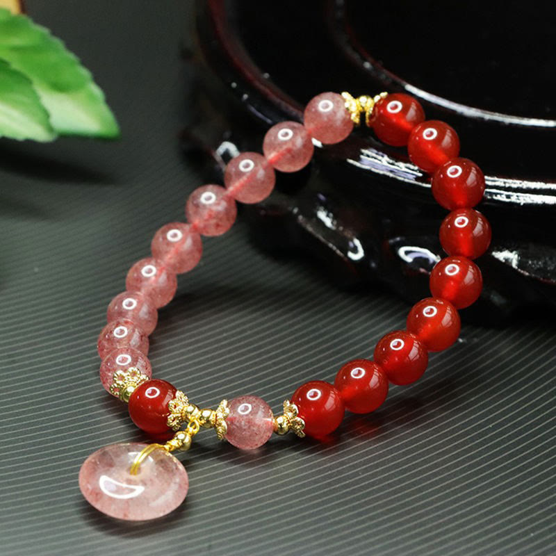 Bracelet boucle de paix en quartz fraise et agate rouge 8 mm